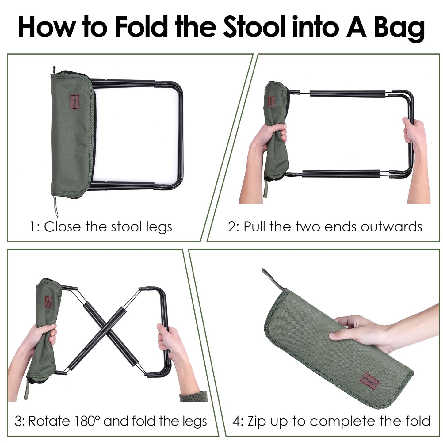 MOONCY Portable Stool, 13 Inch Small Folding Stool for Adults, Ultralight Green Camping Stools for Hiking and Fishing, Hold Up to 265 LBS
