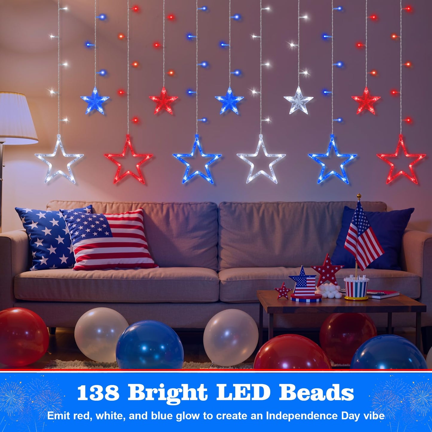 Lewondr 4th of July Curtain String Lights, 11.5FT 138 LED Hanging Patriotic Star Icicle Lights with 6H Timer, 8 Modes, USB, Red White and Blue 4th of July Decorations for Independence Memorial Day