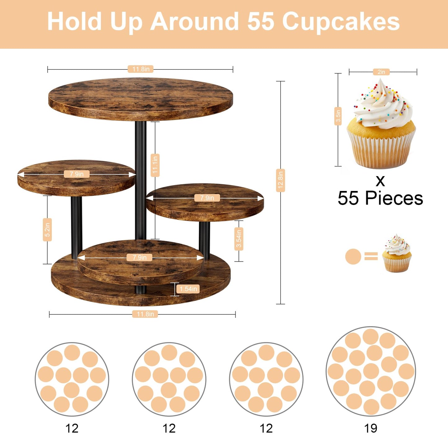 FZGhome Cupcake Stand 4 Tier for 50 Cupcakes Wooden Cake Stand 360°Rotatable Dessert Stands Round Cookie Tiered Tray Stand for Party Birthday Wedding Baby shower Afternoon Tea Dessert Table, Brown