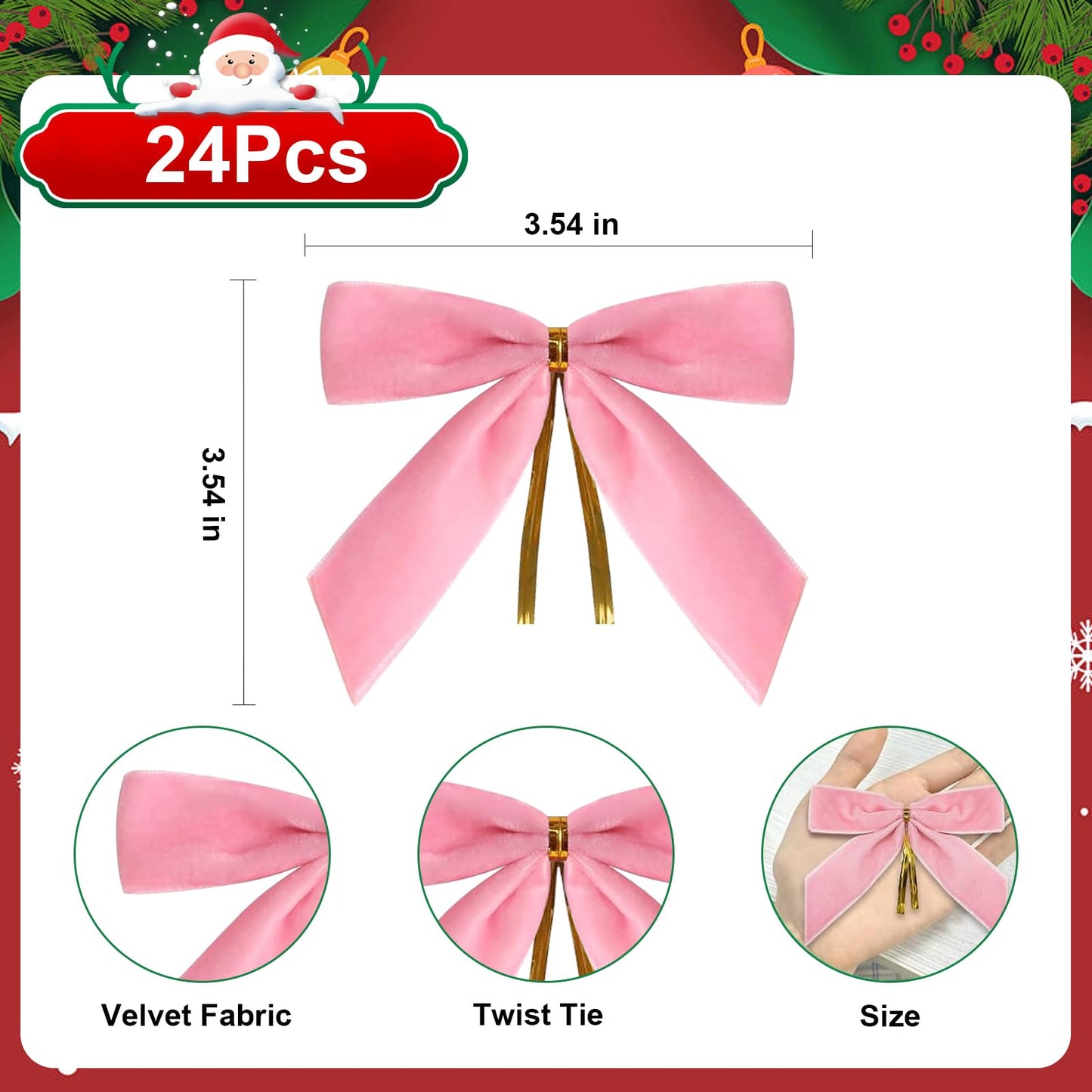 CCILAND 24 Pcs Pink Small Velvet Bows for Christmas Tree, 3.54 Inch Mini Christmas Bows for Gift Wrapping, Twist Tie Velvet Bows Xmas Ornaments for Wreath, Crafts, Party, Wedding