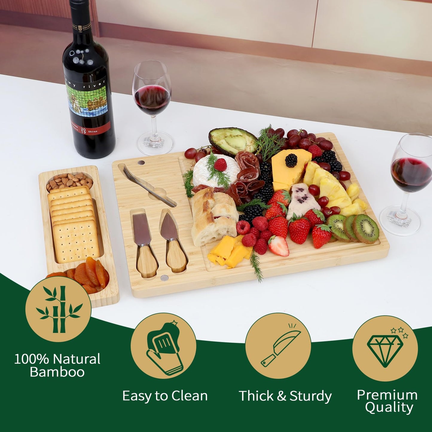 Premium Bamboo Cheese and Charcuterie Board Set - Large Wooden Serving Tray with Hidden Knife Storage, Cheese Knives & Forks - Perfect for Cheese, Meats, Fruits - Ideal Gift for Parties & Holidays