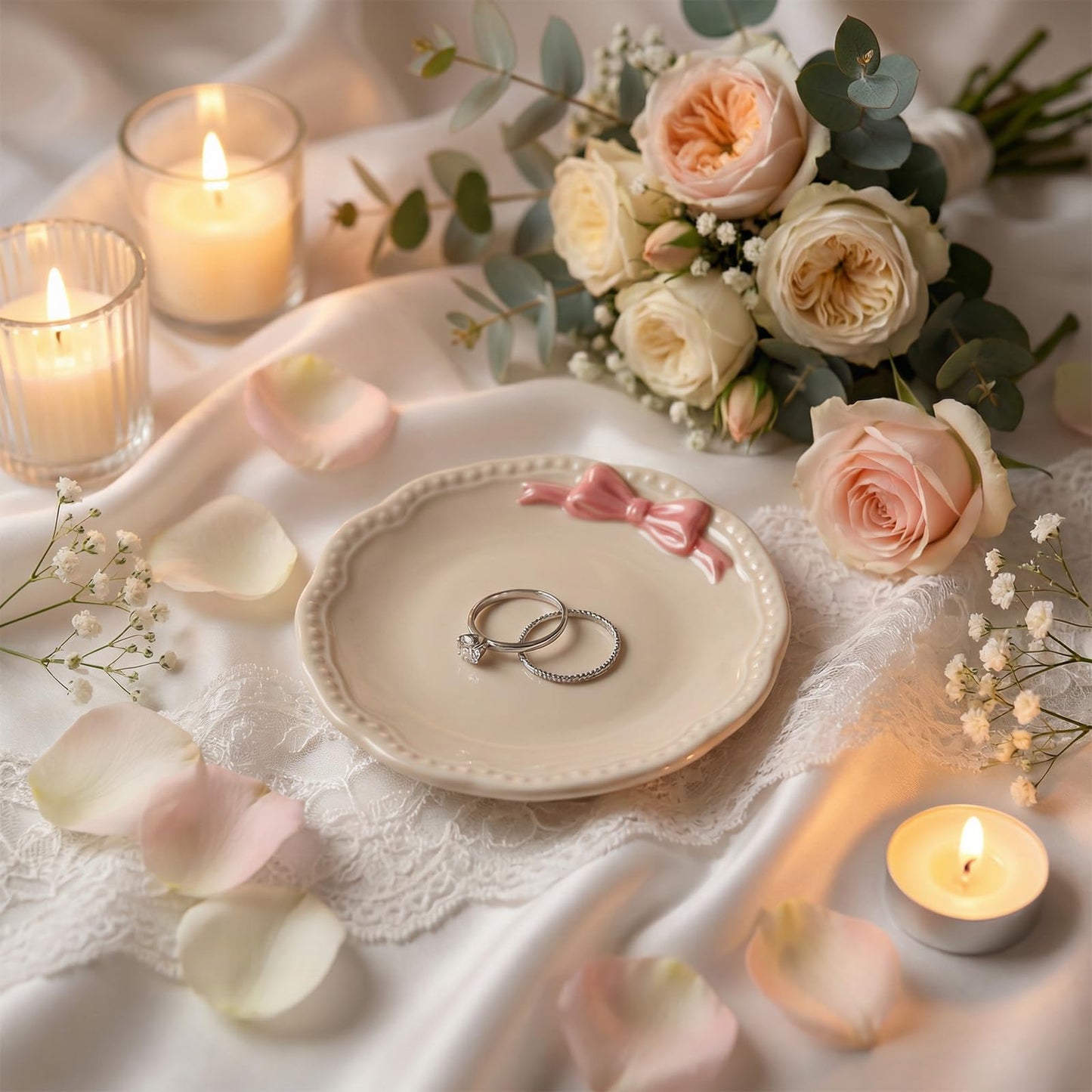 SynHHergyx Small Jewelry Dish, Ceramic Ring Holder Dish, Ceramic Jewelry Tray, White with Pink Bow Jewelrys Holder for Women, Small Jewelrys Tray for Vanity
