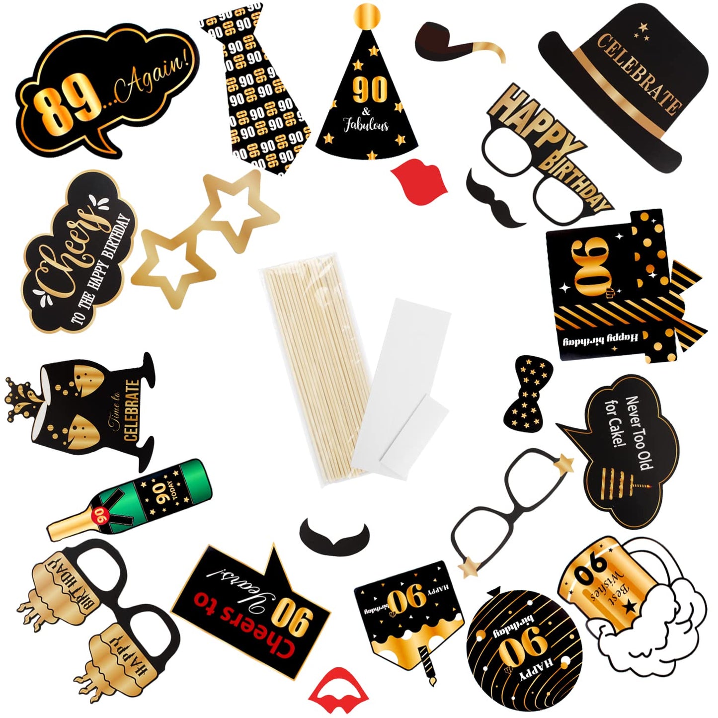 LINGTEER Happy 90th Birthday Party Photo Booth Props,Cheers to 90th Birthday Ninety Years Old Bday Party Centerpieces Props Decorations Sign.