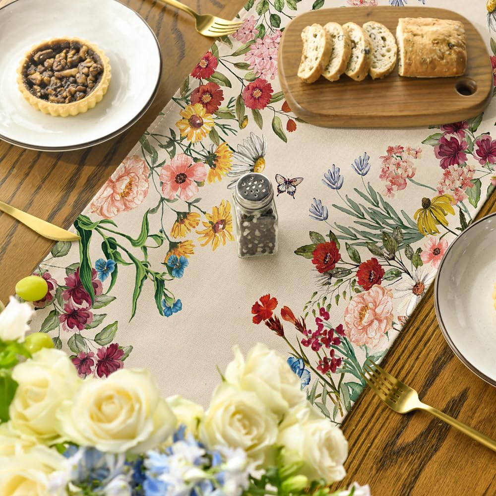Artoid Mode Plants Floral Butterfly Valentine's Day Table Runner, Anniversary Wedding Kitchen Dining Table Decoration for Home Party Decor 13x72 Inch