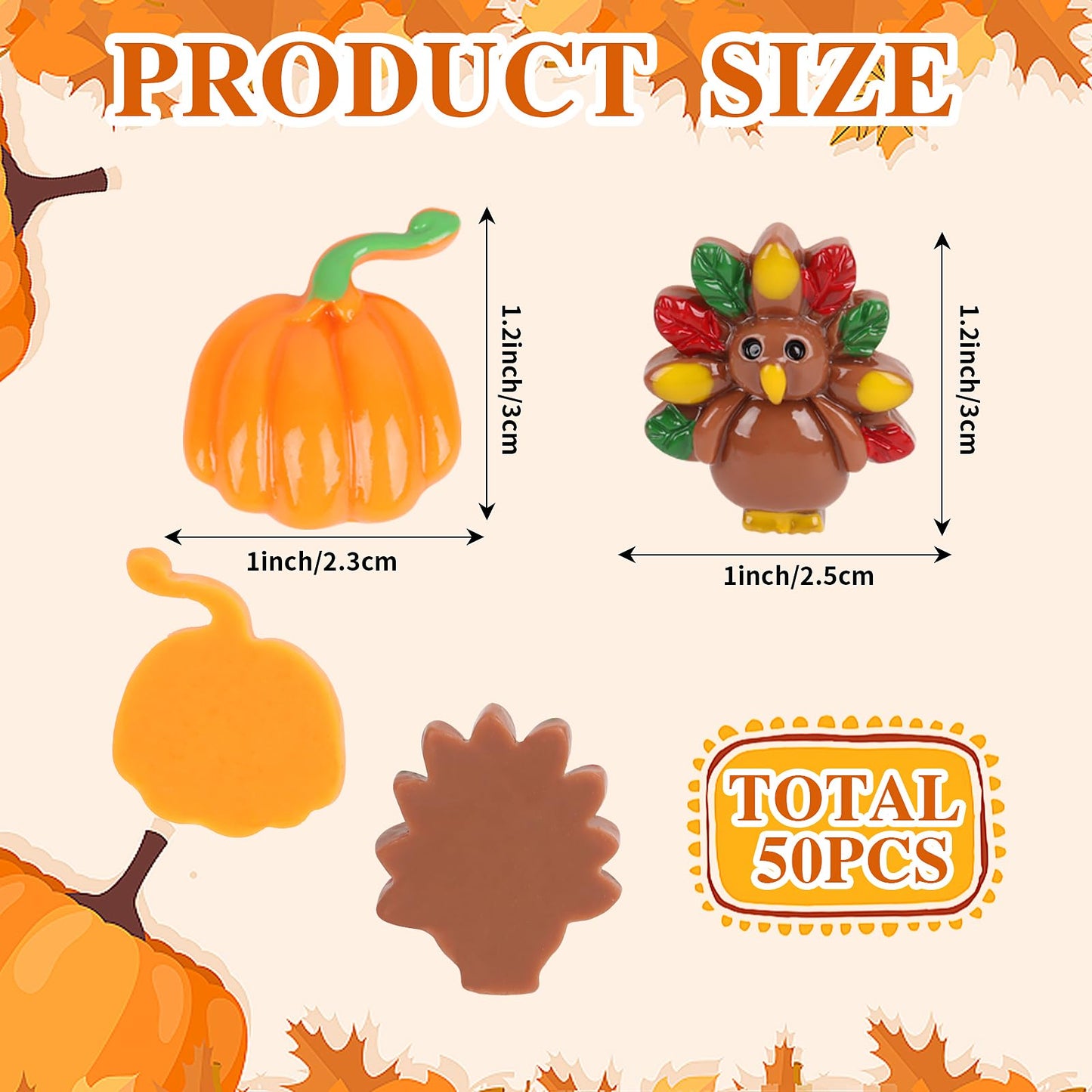 FOIMAS Thankgiving Resin Flatback Charms,50pcs Pumpkin Turkey Embellishment Resin Miniatures for Fall Thanksgiving Ornament Decoration Supply
