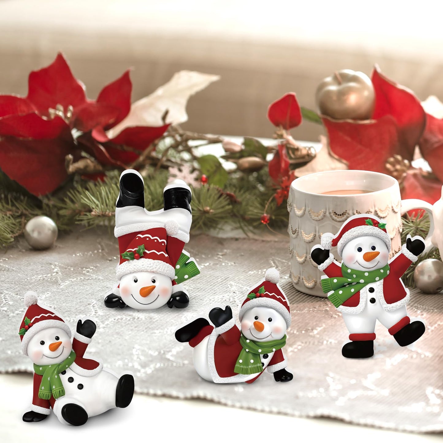 DoubleFill 4 Pcs Christmas Snowman Figurines Table Top Set Sitting Laying Standing Tabletop Decoration Wooden Snowman Statue Decor for Winter Holiday Mantle Desk Shelf Party Decoration