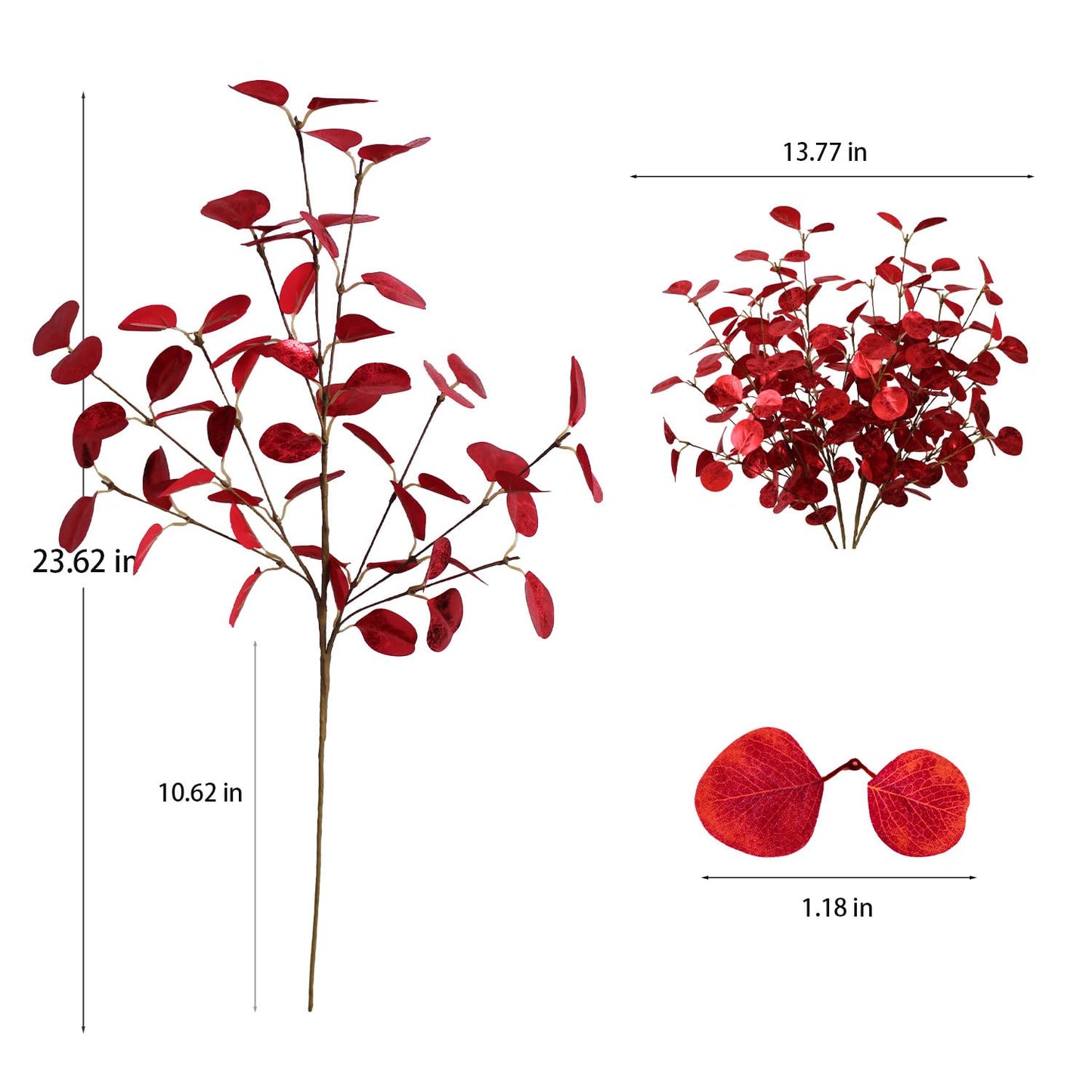 siqifloral 4pcs 23.62" Realistic Red Artificial Leaves – Faux Red Eucalyptus Stems for Vase Decoration, Rustic Farmhouse & Christmas Table Centerpiece