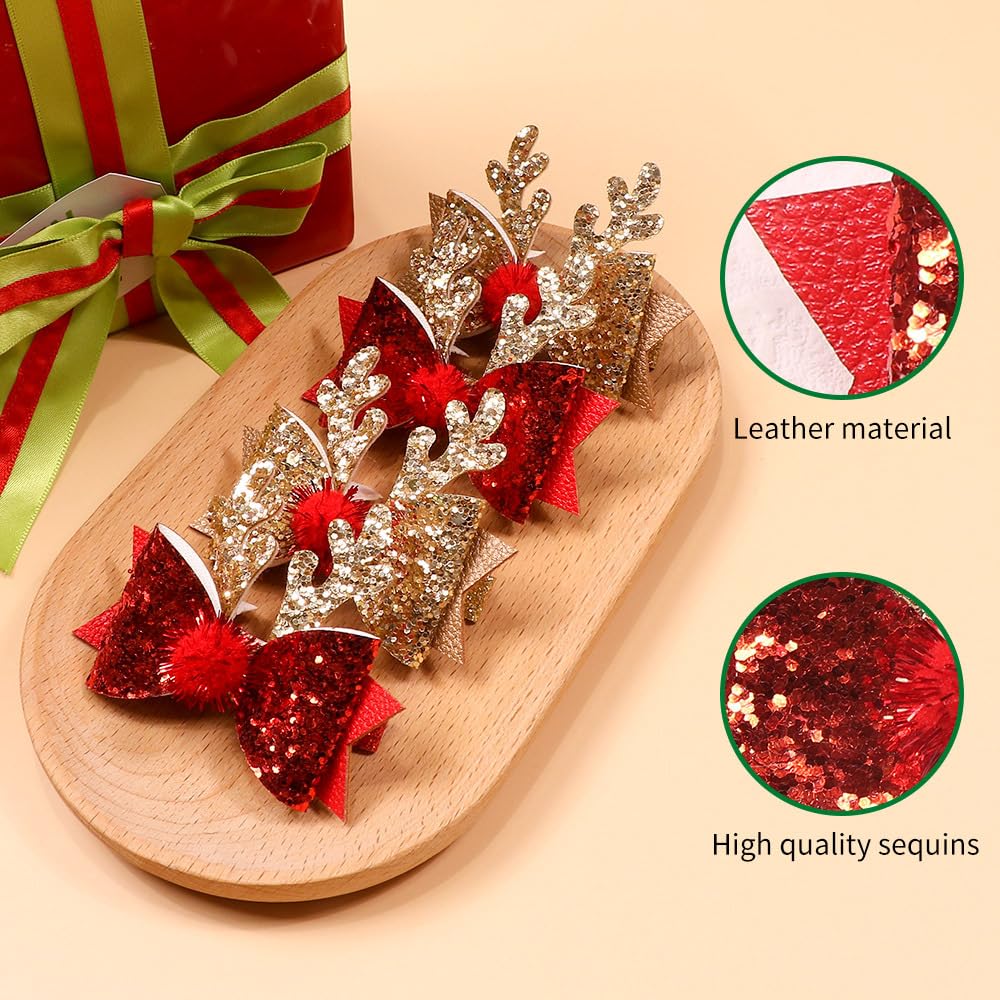 Ulfanit Christmas Hair Clips, Red Gold Sequined Bow Antler Hair Clip Hairpin Xmas Gift, Cute Sparkly Hair Accessories Christmas Costume, New Year, Winter Holiday Celebration, Birthday Party Gift