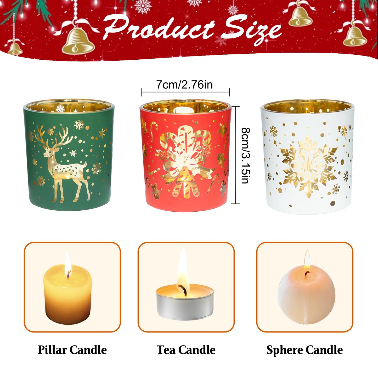 Romcanmy Christmas Votive Candle Holders, Set of 6 Red Green White Glass Candle Holder for Christmas Table Centerpiece, Snowflake Reindeer Xmas Tree Tea Light Holders for New Year Winter Party Decor