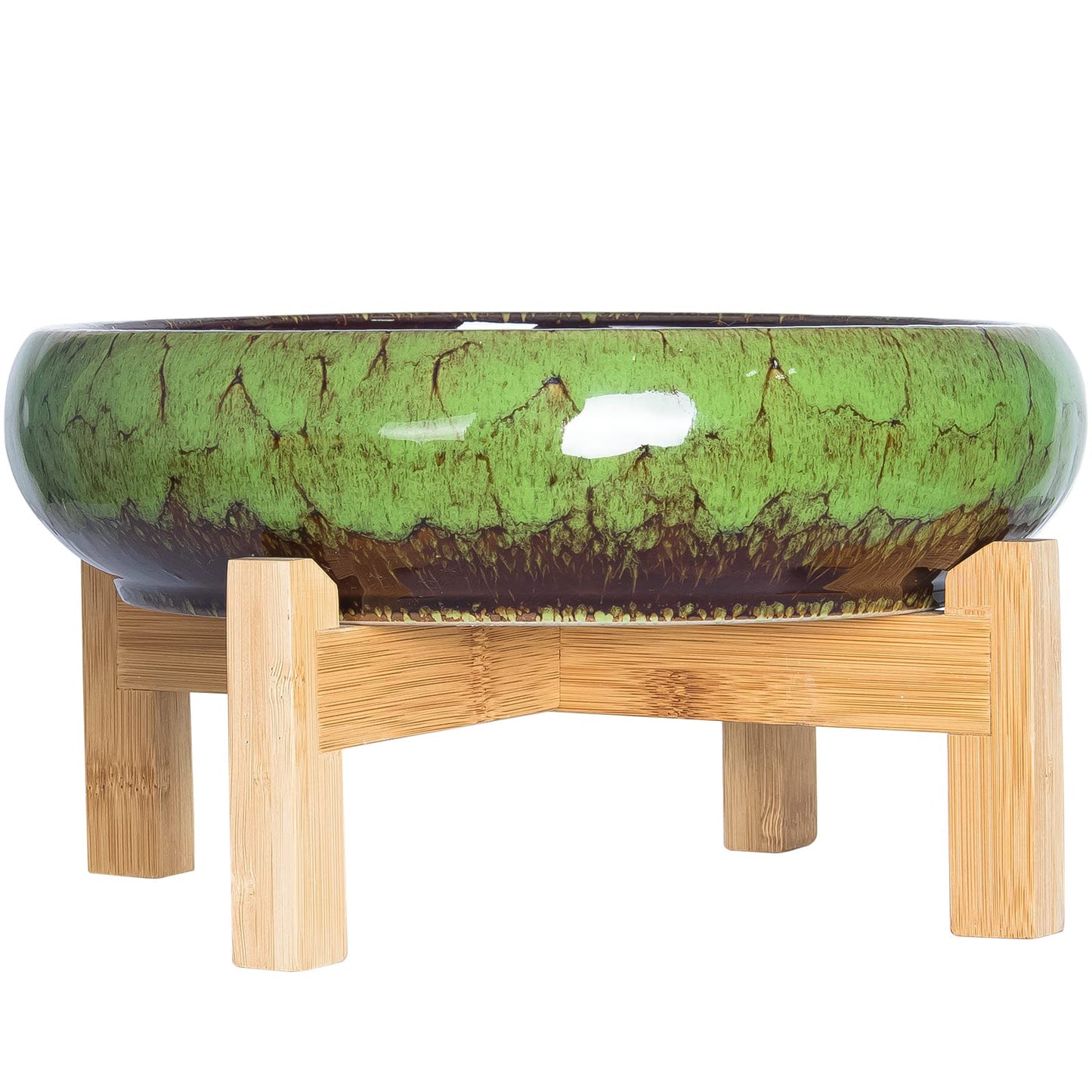 ARTKETTY Succulent Pot, 10 Inch Large Succulent Planter Pot with Stand, Ceramic Bonsai Pot with Mess Drainage Screen Shallow Cactus Flower Pot for Indoor/Outdoor Plants