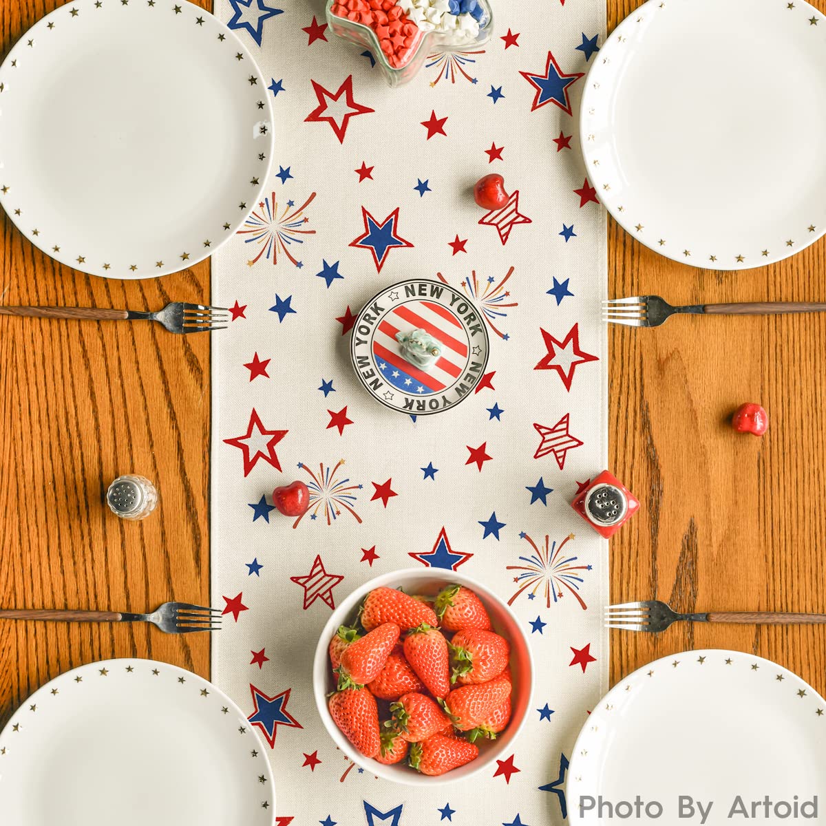 Artoid Mode Patriotic Freedom Stars 4th of July Table Runner, Memorial Day Holiday Kitchen Dining Table Decor for Indoor Outdoor Home Party Decoration 13 x 72 Inch