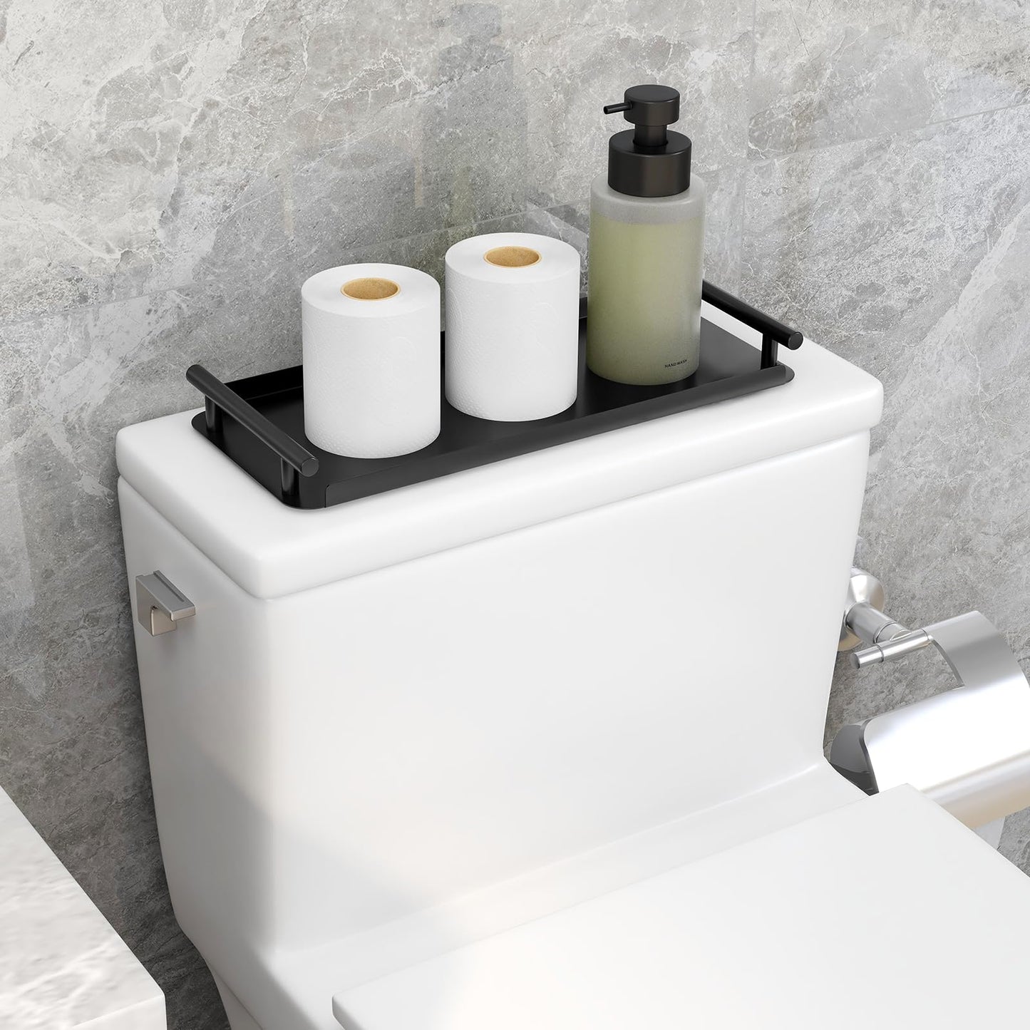 FEILERN Toilet Paper Basket, Stainless Steel Toilet Tank Tray with Handle for Organizing - Toilet Paper Basket Storage for Toilet Tank, Bathroom, Kitchen Counter (Black)
