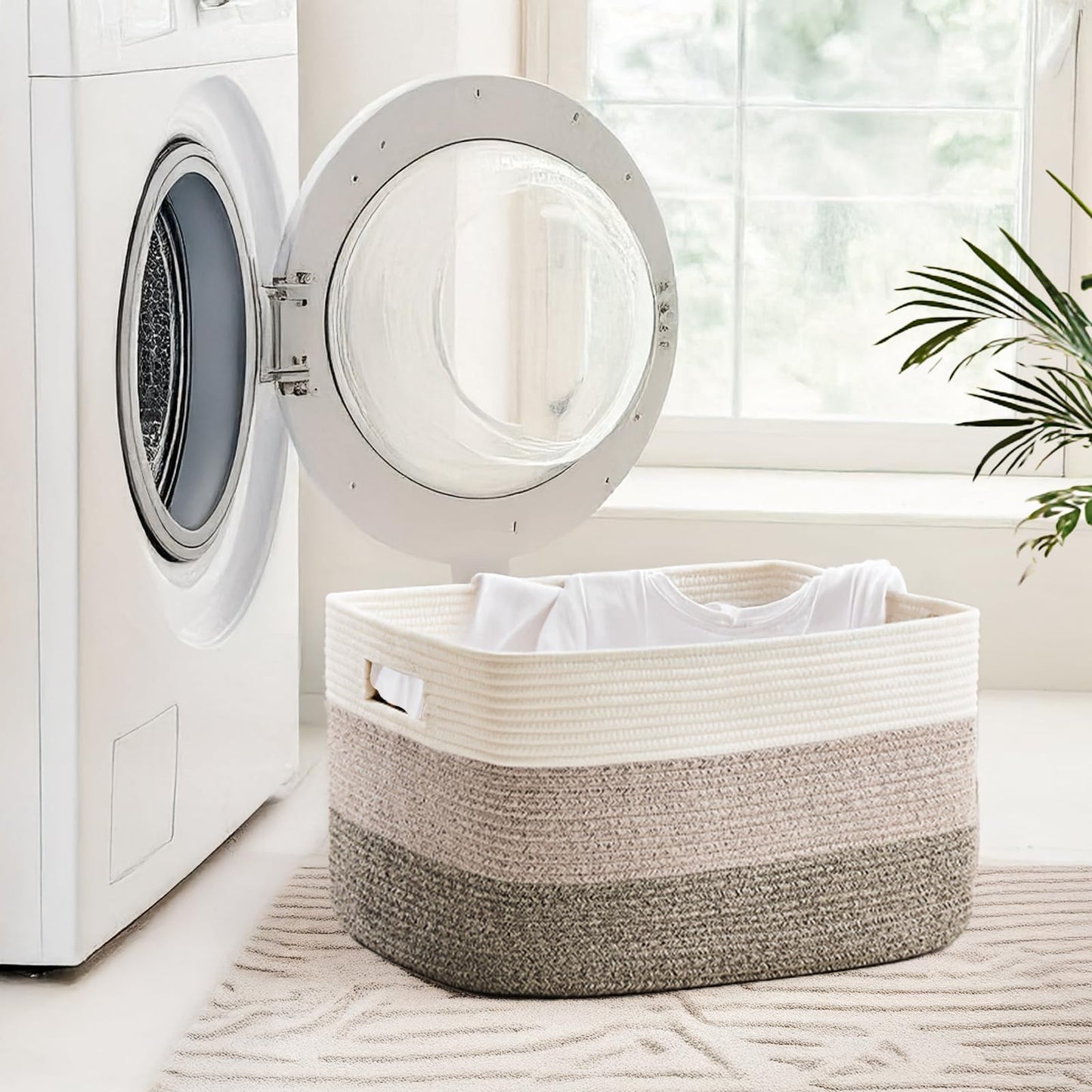 JGNYMG Cotton Rope Basket,Large Blanket Basket for Living Room,Woven cotton rope laundry baskets，For Bathroom Dirty Clothes ，Nursery Toys，pillow storage organization, 72L，Brown and white.