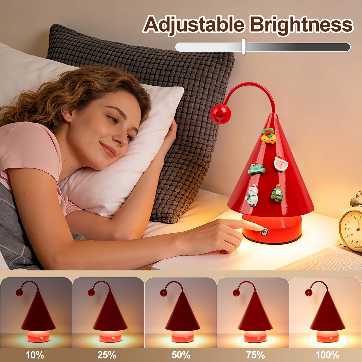 Qeipy Led Lights Cozy Home Decor Cute Christmas Tree Desk Lamp Ambient Lighting,Touch Control, Cordless Rechargeable Battery Operated,for Living Room,Bedroom,Nightstand (Red)