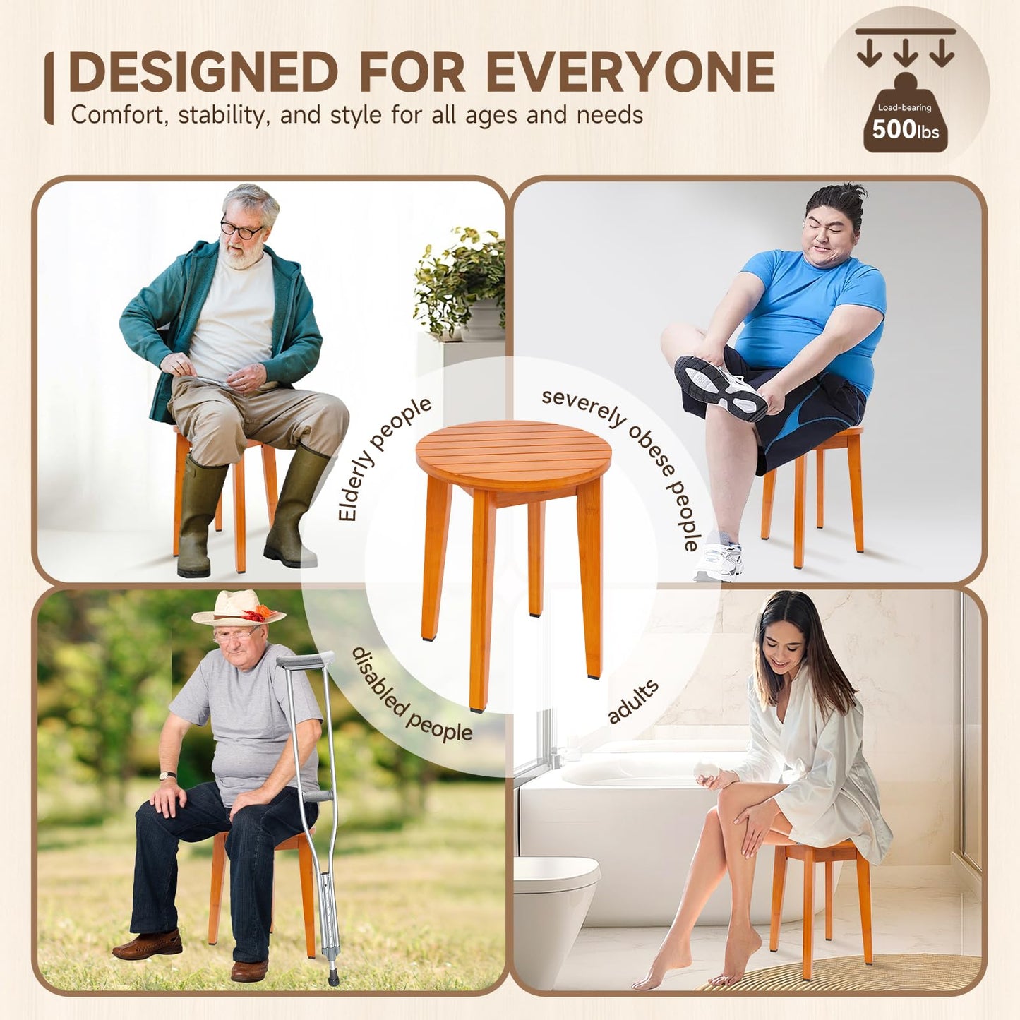 KISENG Round 16 Inch Bamboo Waterproof Shower Bathroom Stool Chair, Duty Wooden Bath Corner Shaving Legs Bench Seat (Honey Bamboo, XL)