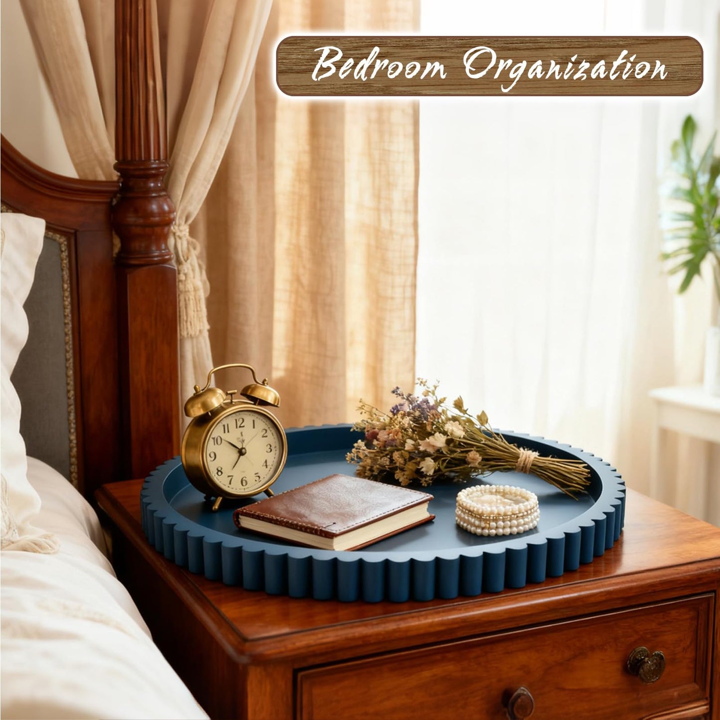 Handmade 12in Decorative Tray for Coffee Table Tray Decor, Blue Wooden Decorative Round Tray for Kitchen, Living Room, Home Decor