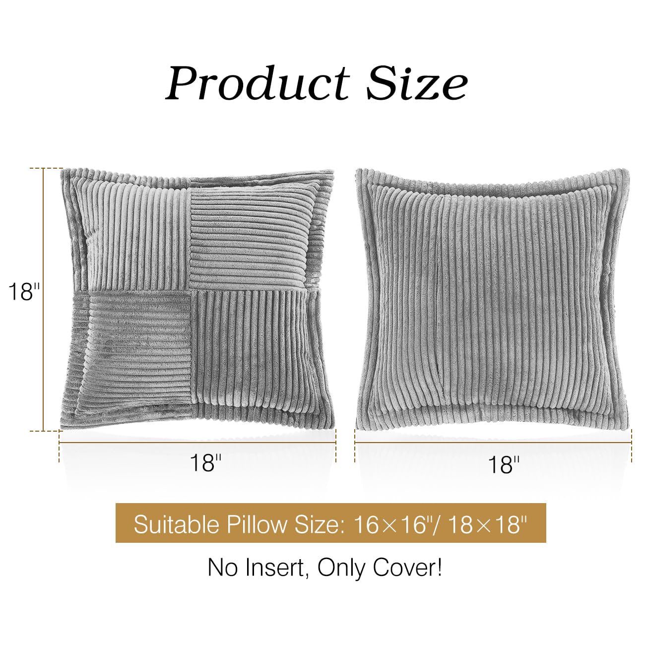 Lewondr Corduroy Throw Pillow Covers 18×18 Inch, 4 Pack Soft Square Throw Pillow Cases, Decorative Boho Striped Couch Pillow Covers for Living Room Bedroom Sofa Bed Office Cushion Cover, Gray