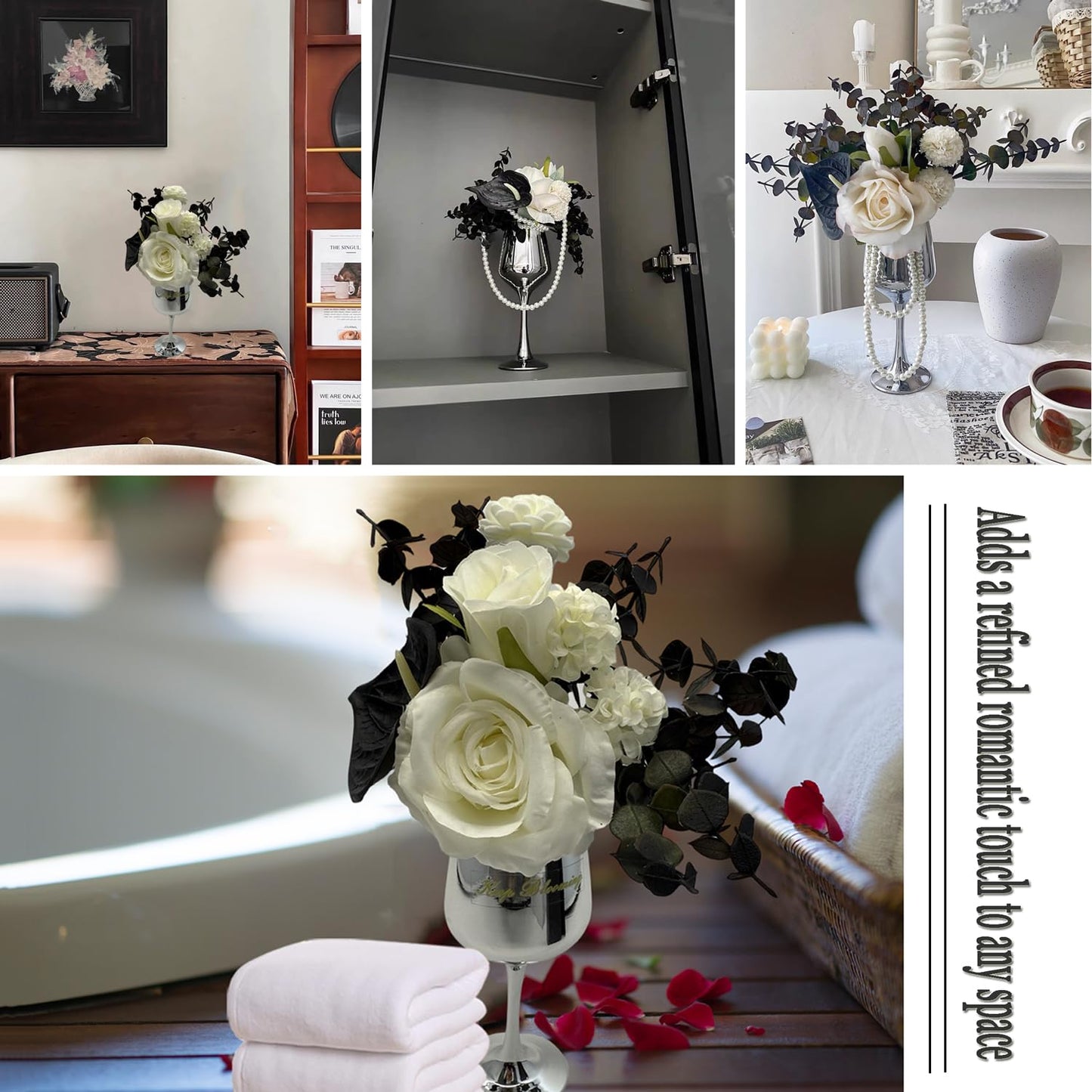 Silver Grace Crystal Flower Vase with Faux White Roses and Black Calla Lilies Elegant Artificial Flower Arrangement Decorative Glass Flowers for Home and Table Decor