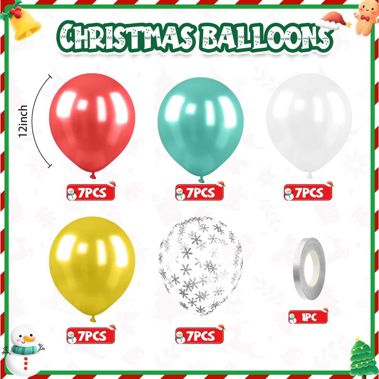 Christmas Balloons, Pearl Red Gold Teal Blue Balloons with Snowflake Print Balloon, Pearl White Gold Xmas Party Latex Balloon for Christmas Birthday Winter New Year Party Decorations Supplies