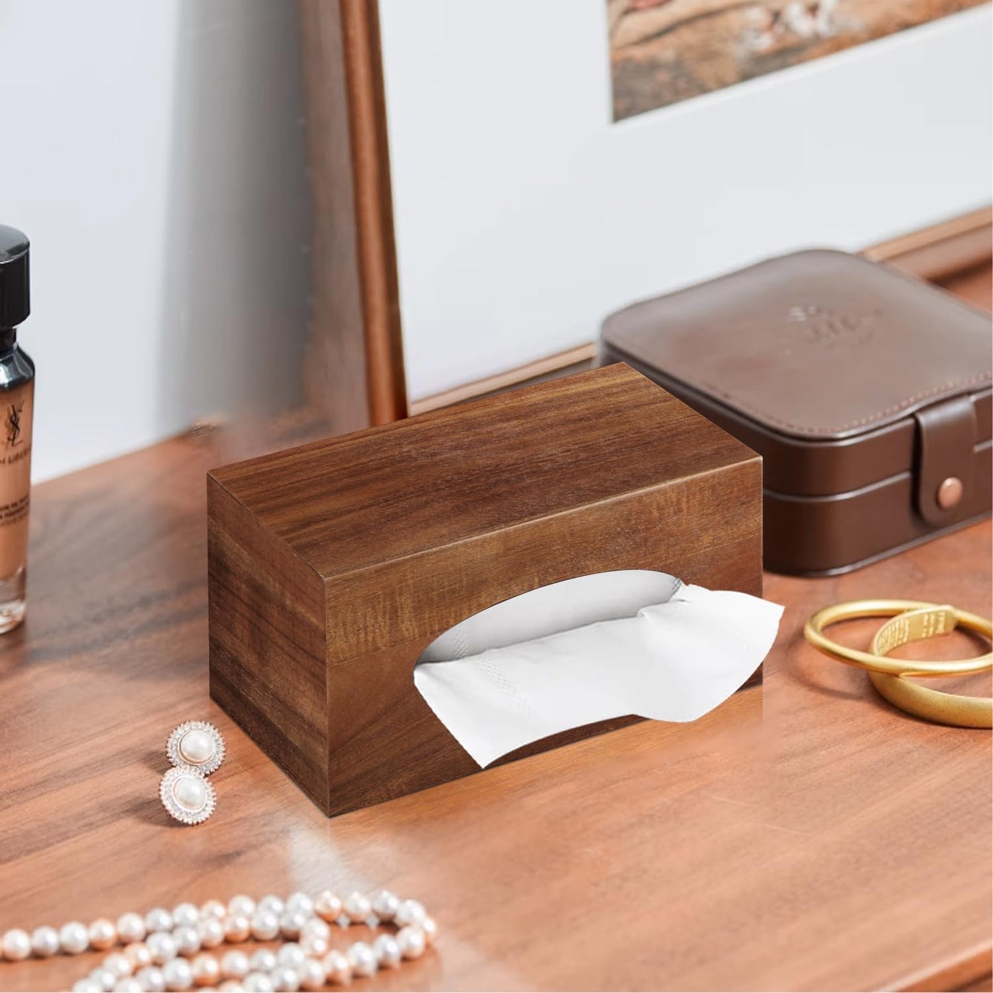 BIBELUN Tissue Box Cover,Acacia Wood Tissue Box Cover Rectangle with Slide-Out Bottom,Wooden Decorative Cube Facial Tissue Holder/Organizer/Dispenser for Bathroom,Office Desk & Bedroom Decor
