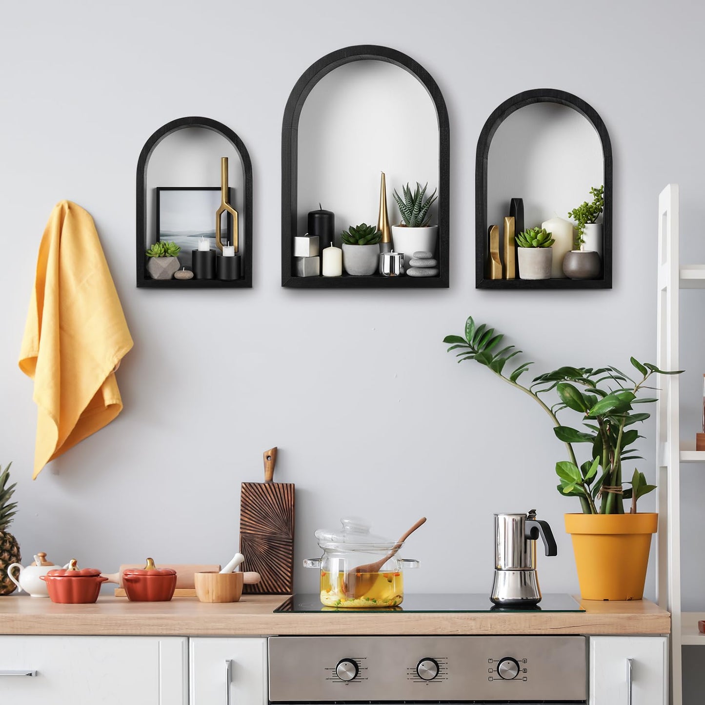 Threehoney 3 Set Wall Shelf 9.8 x 7.1 Inch Wooden Hanging Shelf Deep Display Storage Shelves Floating Shelves for Home Office Room Mini Figures Potted Plants Wall Decor(Arched,Black)