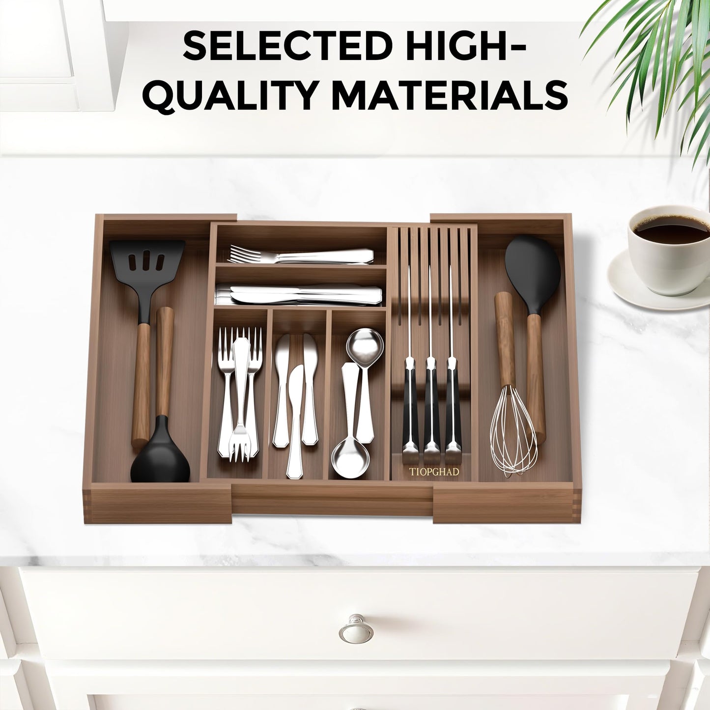 TIOPGHAD Bamboo-Silverware-Drawer-Organizer-Kitchen, Expandable Utensil Holder Cutlery Tray Flatware Organization Adjustable Wood Tableware Dividers Storage (with Removable Knife Block)(Brown)
