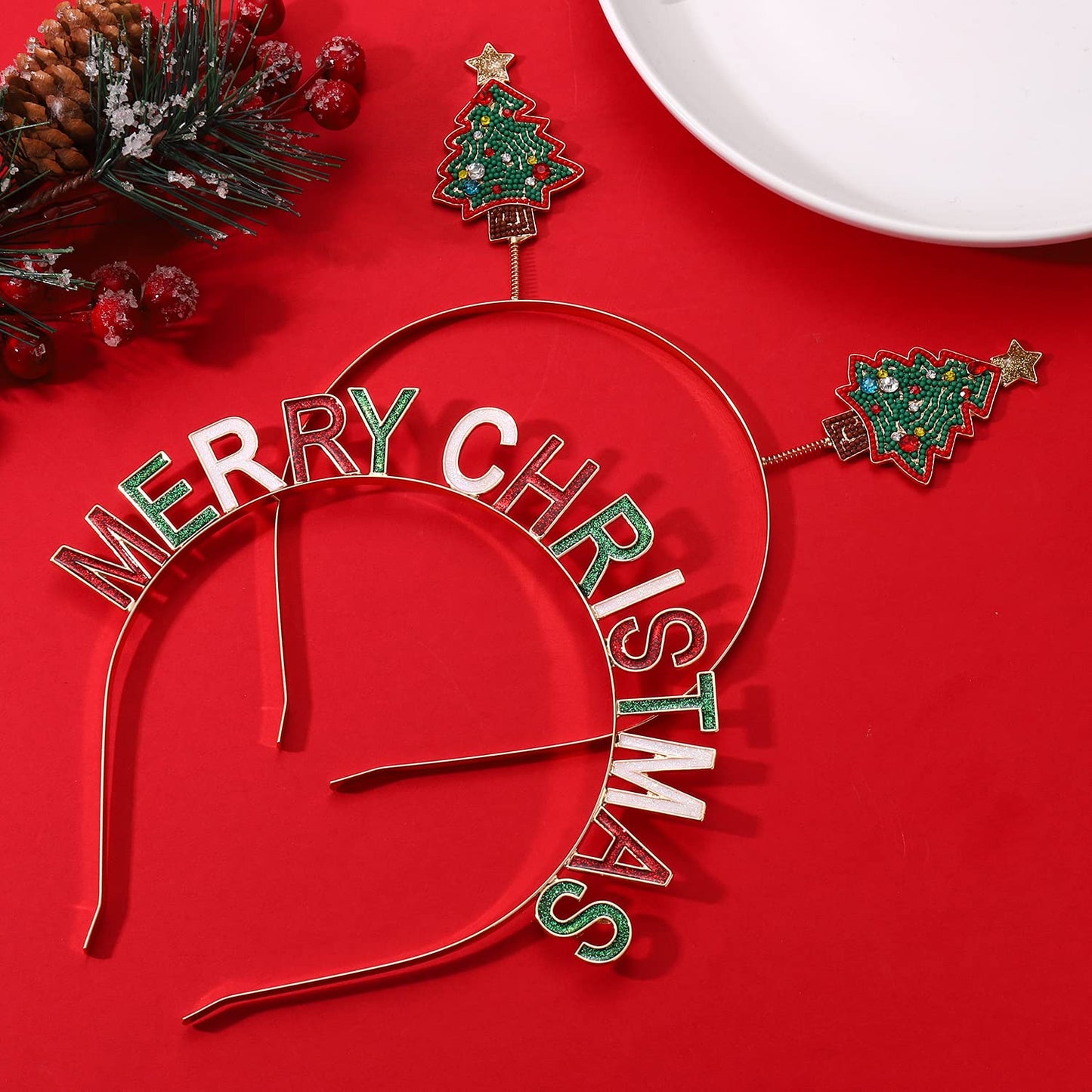 boderier Christmas Headbands for Women Beaded Christmas Tree Headband Glitter MERRY CHRISTMASS Tiara Headband Xmas Festive Party Hair Accessories Gifts