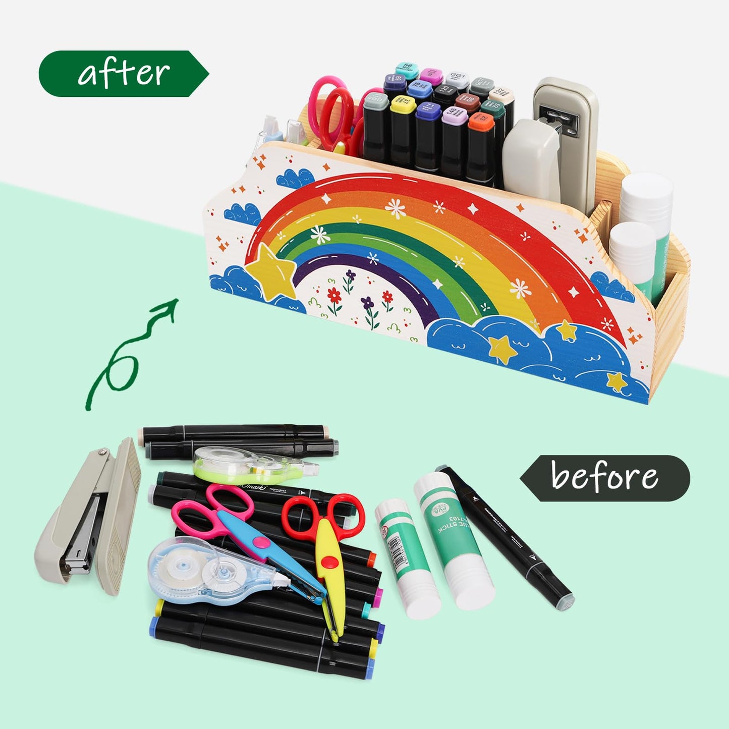 ELFULLY Rainbow Wood Pen Holder for Desk, 5-Slot Desk Organizers, Cute Pencil Holder, Office School Supplies Storage, Desktop Storage Caddy for Teacher Appreciation, Birthday Gifts, Makeup Brush
