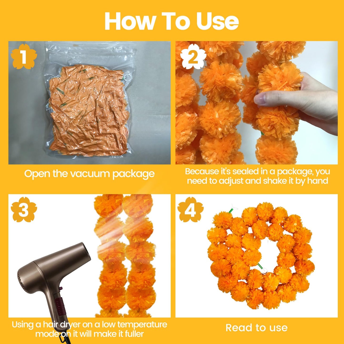 TWITTOOLS 4 Pcs Long Marigold Garland for Decoration, 5 Feet Artificial Orange Marigold Flowers Indian Pooja Diwali Home Wedding Mantle Decor