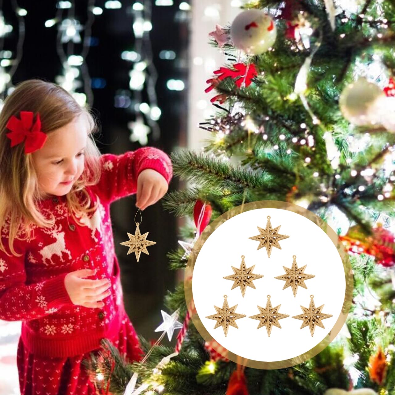 Garneck 12 Pcs Christmas Star Ornaments, Mini Eight-Pointed Star Pendants, Golden Plastic Decorations for Christmas Tree, 3.38 x 3.22 x 2.36 Inch