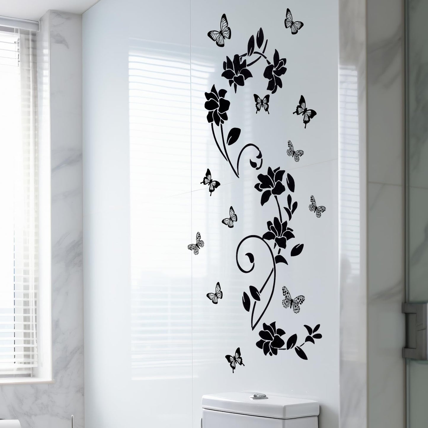 Heclia Black Flower Vine Butterfly Wall Stickers Art Design Wall Sticker Anti-Collision Window Vinyl Sticker Butterfly Glass Door Walls Decor for Bathroom Bedroom Kitchen Home Decorations