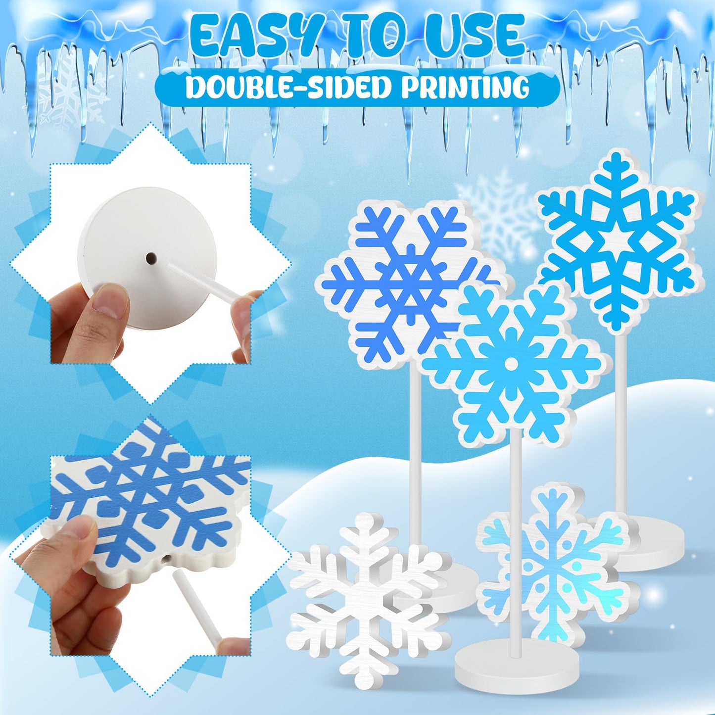 Geelin 10 Pcs Wooden Snowflake Table Decor Winter Decoration Snowflakes Table Centerpiece Standing Snowflakes Tabletop Signs Tabletop Gift for Winter Holiday Wonderland Home Desk Party Decoration