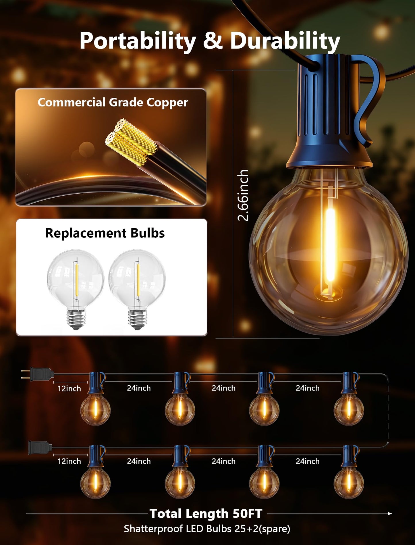 Kivonfa 50FT Outdoor String Lights - Shatterproof G40 LED Bulbs, Waterproof Connectable Patio String Lights for Outside Backyard, Wedding & Bistro Party Decor, Warm W