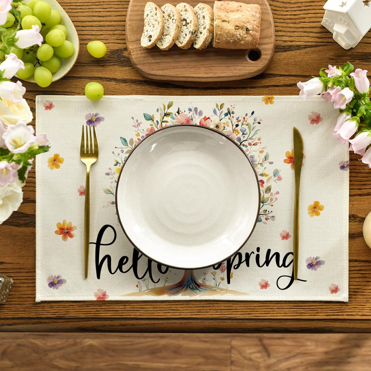 Artoid Mode Floral Tree Leaves Hello Spring Placemats Set of 4, 12x18 Inch Seasonal Summer Holiday Table Mats for Party Kitchen Dining Decoration