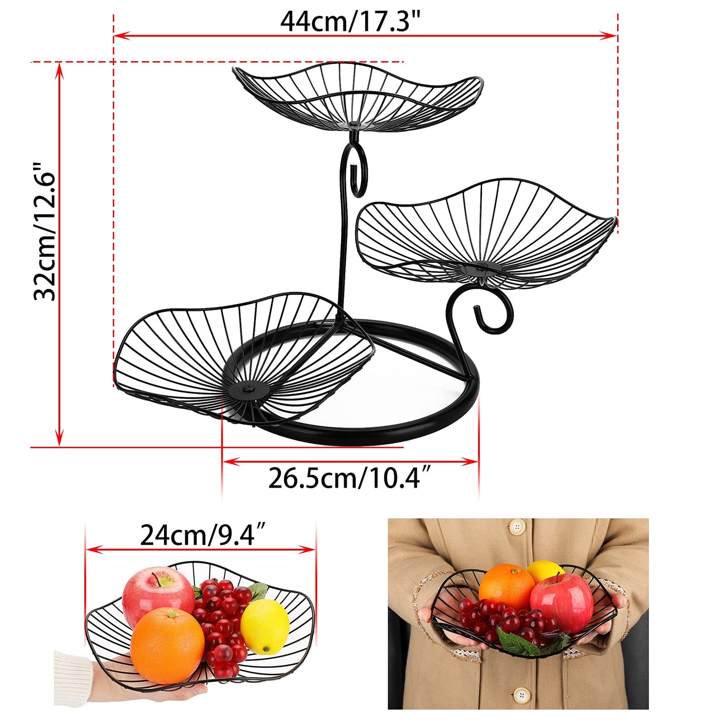 OwnMy 3-Tier Fruit Basket Stand Decorative Iron Fruit Bowl, Metal Wire Fruit Holder Storage Trays Table Countertop Holder for Vegetables Bread Snack, Modern Lotus Fruit Bowls for Kitchen Counter Table