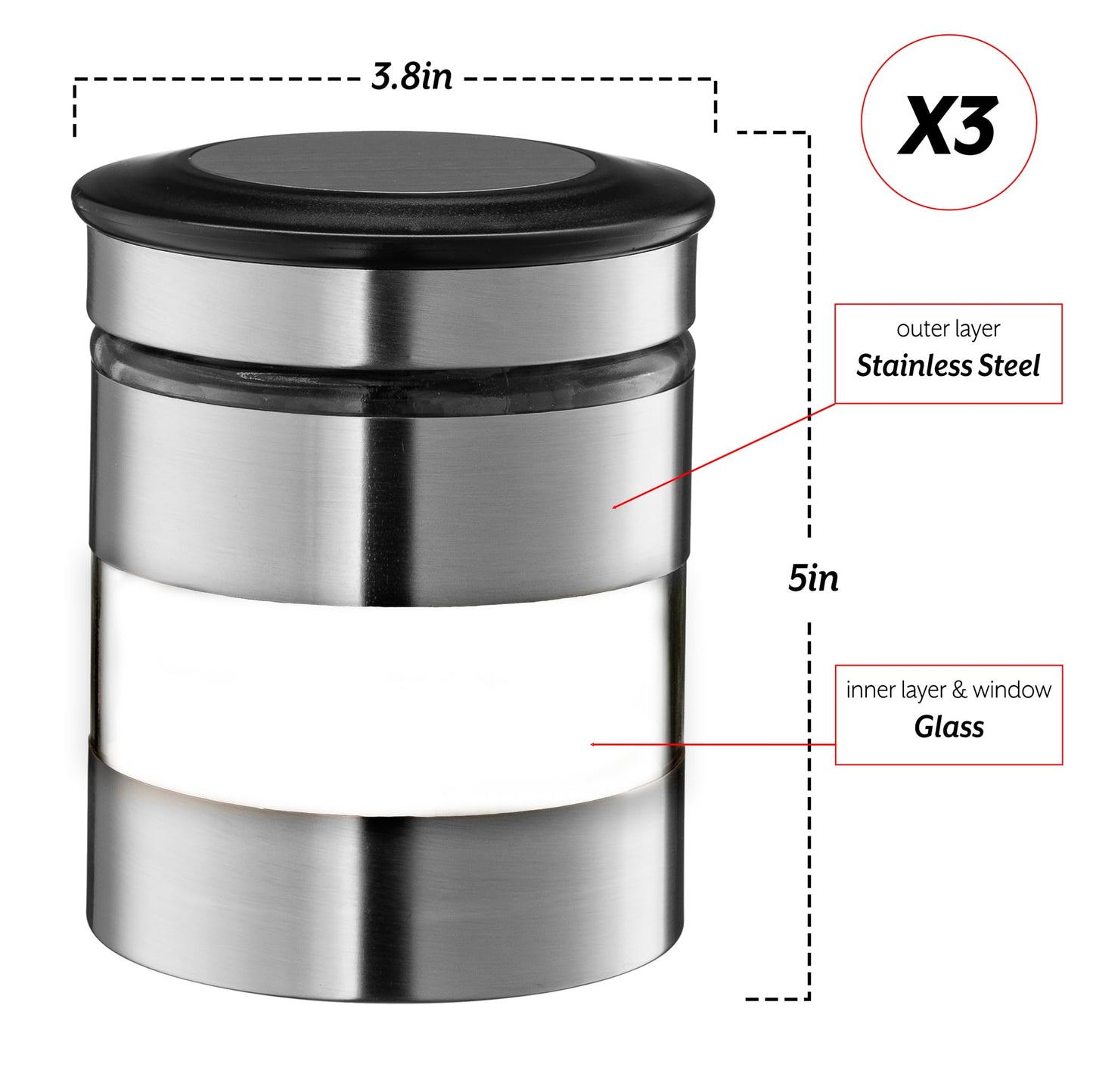 Le'raze Quality Stainless Steel Canister Set of 3 for Kitchen Counter with Glass Window & Airtight Lid - Food Storage Containers with Lids Airtight - Pantry Storage and Organization Set