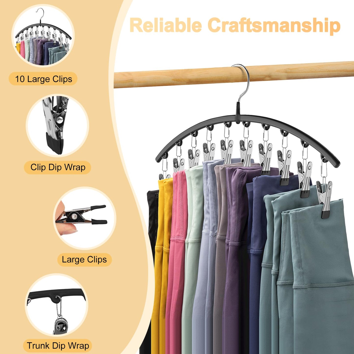 Volnamal Legging Organizer for Closet, Metal Yoga Pants Hangers 2 Pack w/10 Clips Holds 20 Leggings, Space Saving Hanging Closet Organizer w/Rubber Coated Closet Organizers and Storage, Black