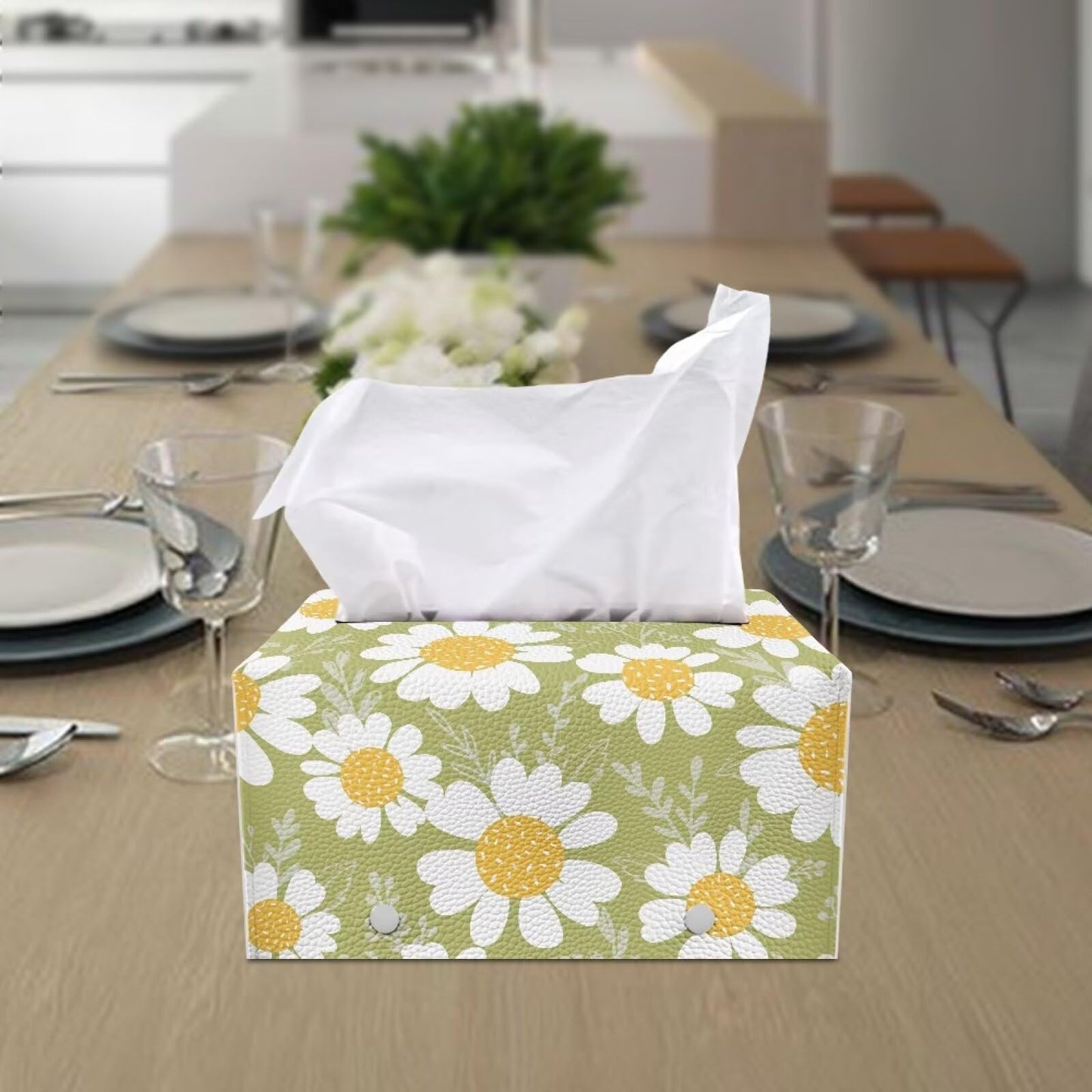PJHEQOXE Flowers Pattern Tissue Box Cover Custom Tissue Box Cover Magic Sticker Pu Tissue Box Cover Rectangular for Home Coffee Table Decor Room Office Decor 9.7 x 5.2 X 5.12 Inch （Green）