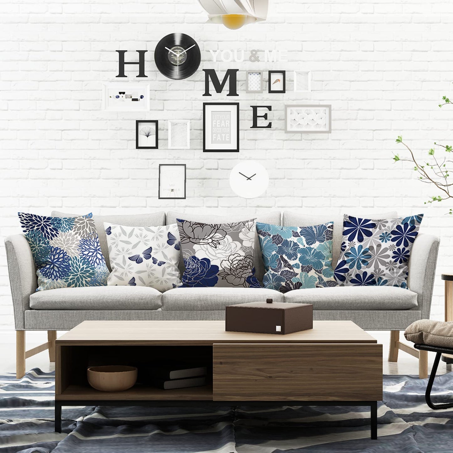 COMMINY Blue Grey Pillow Covers 18x18 Set of 6 Decorative Daisy Flower Throw Pillow Cover for Couch Modern Pillow Case for Patio Living Room Cushion Bed Farmhouse Home Decor