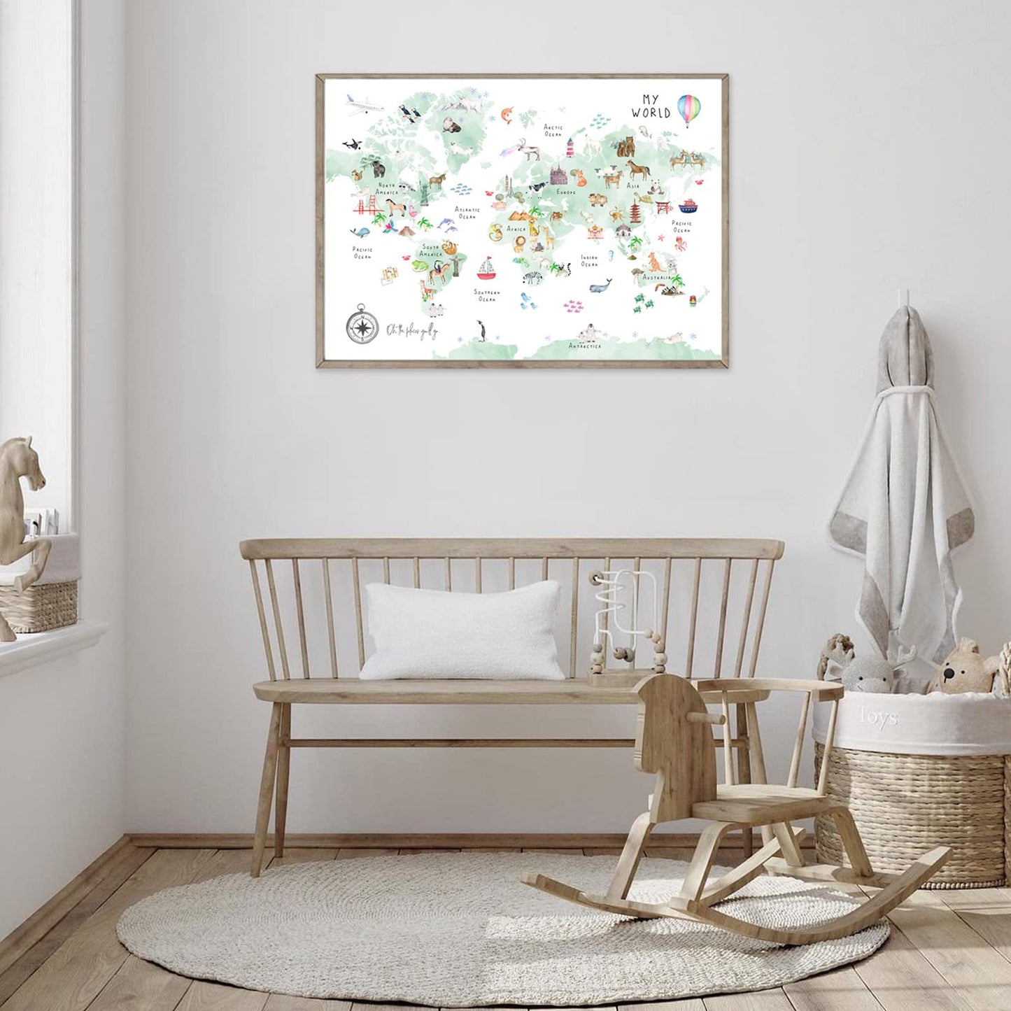 Joocrise Green Kids World Map Wall Art Animal Map Canvas Wall Art Nursery Wall Decor World Map Poster Childrens Room Decor Playroom Prints Educational Artwork 16x24 Inch Unframed