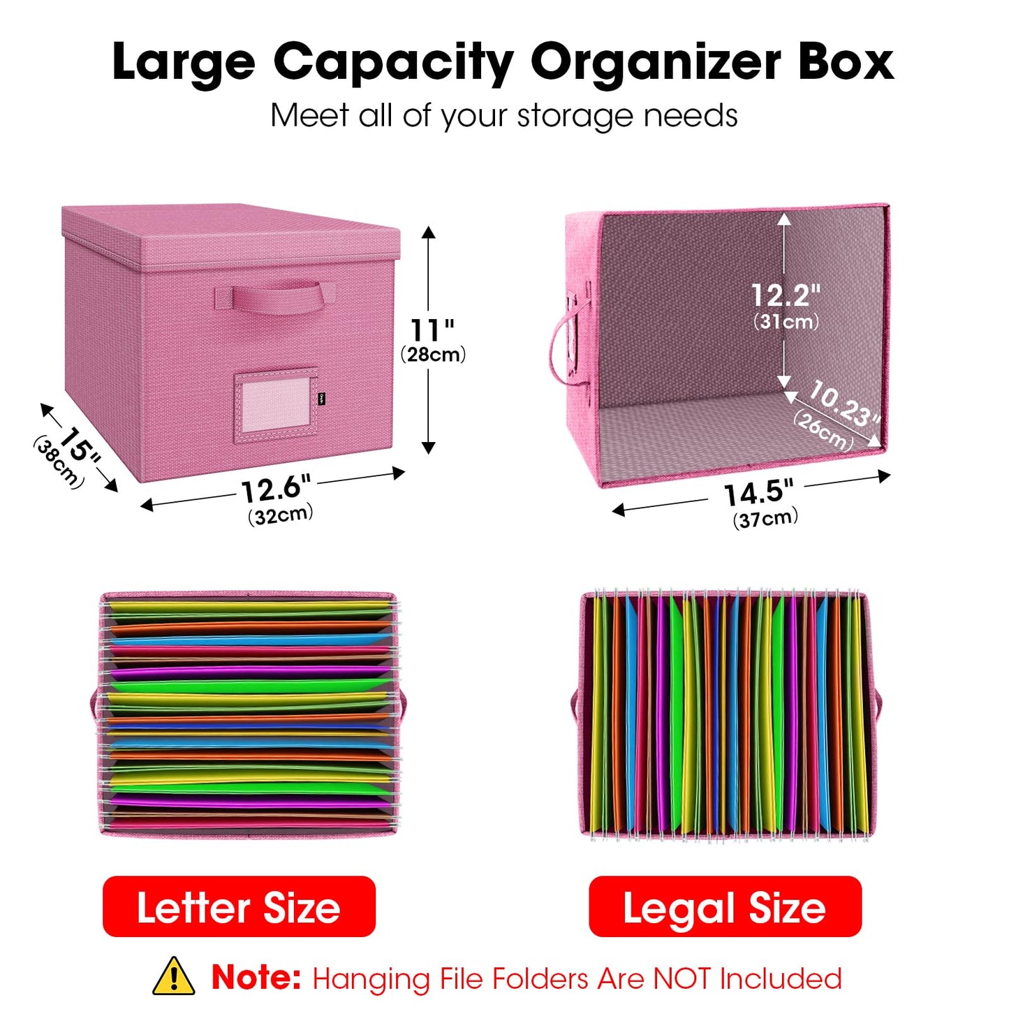 Onylin File Organizer Box with Lid, Linen Hanging File Storage Box with Handle, Collapsible Document Filling Box for Letter/Legal Folder, Portable File Box for Office/Decor/Home (1 Pack, Pink)
