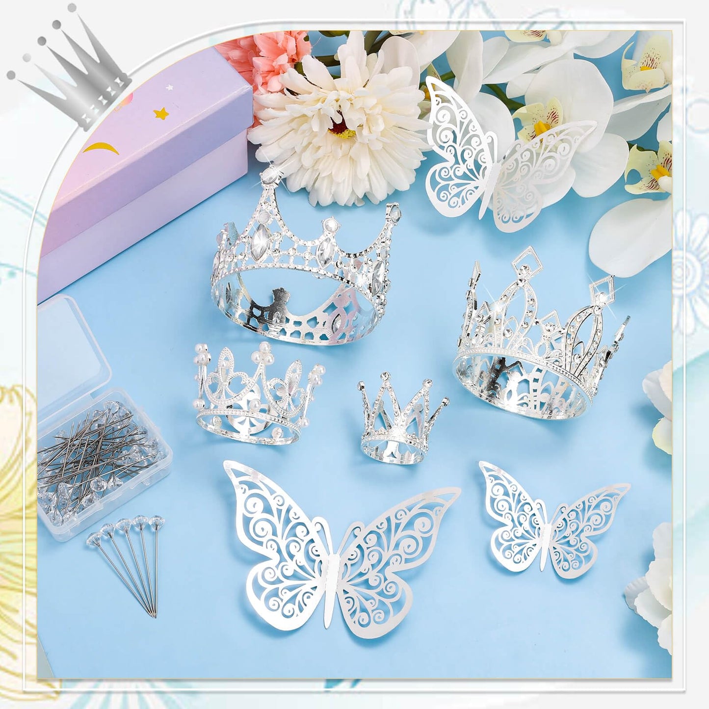 cridoz Flower Bouquet Accessories Including 4 Pcs Silver Crowns, 12 Pcs Butterfly Decorations and 50 Pcs Flower Pins for Flower Bouquets and Cake Topper Decoration