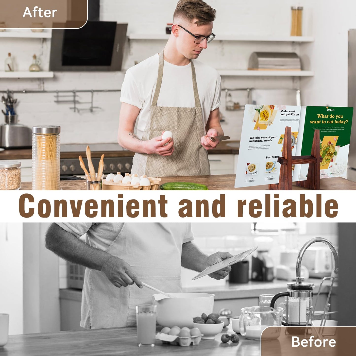DEBETOOL Cookbook Stand for Kitchen - 8.8 inch Wooden Cookbook Holder for Kitchen Counter Decor, Multifunctional Recipe Book Stand, Rustic Brown Recipe Book Holder Stand