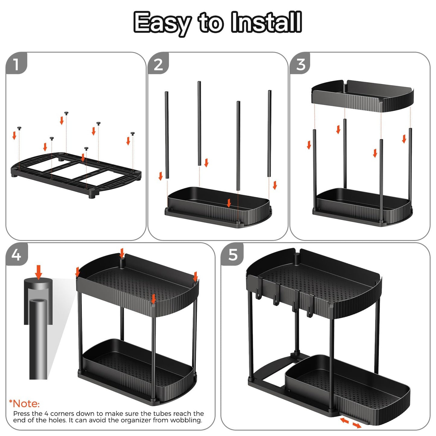 Ukeetap Multi-Purpose Pull-Out Storage Organizers, Under Sink/Cabinet Organizers and Storage for Bathroom & Kitchen, Black, 12.8 Inches, 2 Packs