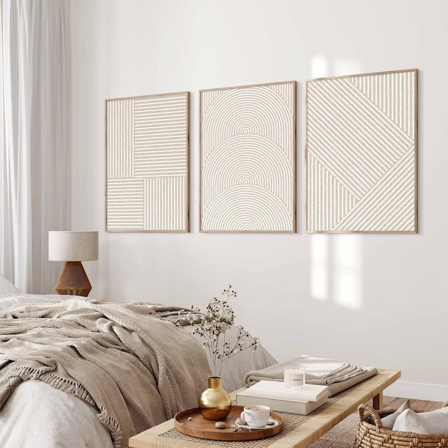 Beige Abstract Wall Art Pictures Set of 3 Boho Modern Canvas Wall Decor Neutral Line Wall Art Minimalist Art Abstract Beige Prints Painting Modern Artwork for Living Room Bedroom 12x16 Inch Unframed