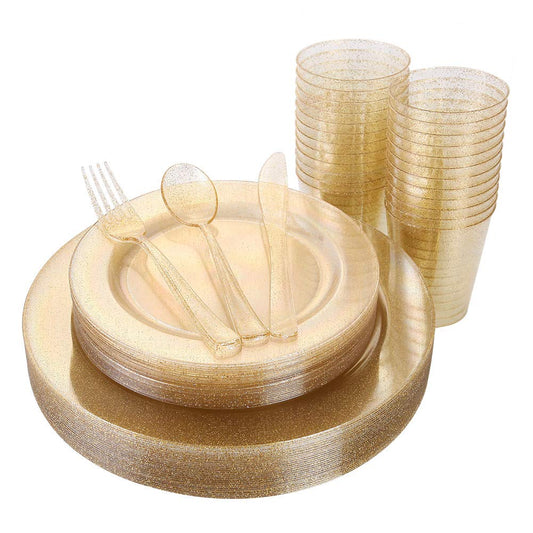 I00000 150PCS Gold Disposable Plates Silverware, Gold Glitter Dinnerware Set Include 25 Dinner Plates 10.25’’, 25 Dessert Plates 7.5’’, 25 cups 10 OZ, 25 Forks, 25 Knives, 25 Spoons for Wedding,Party
