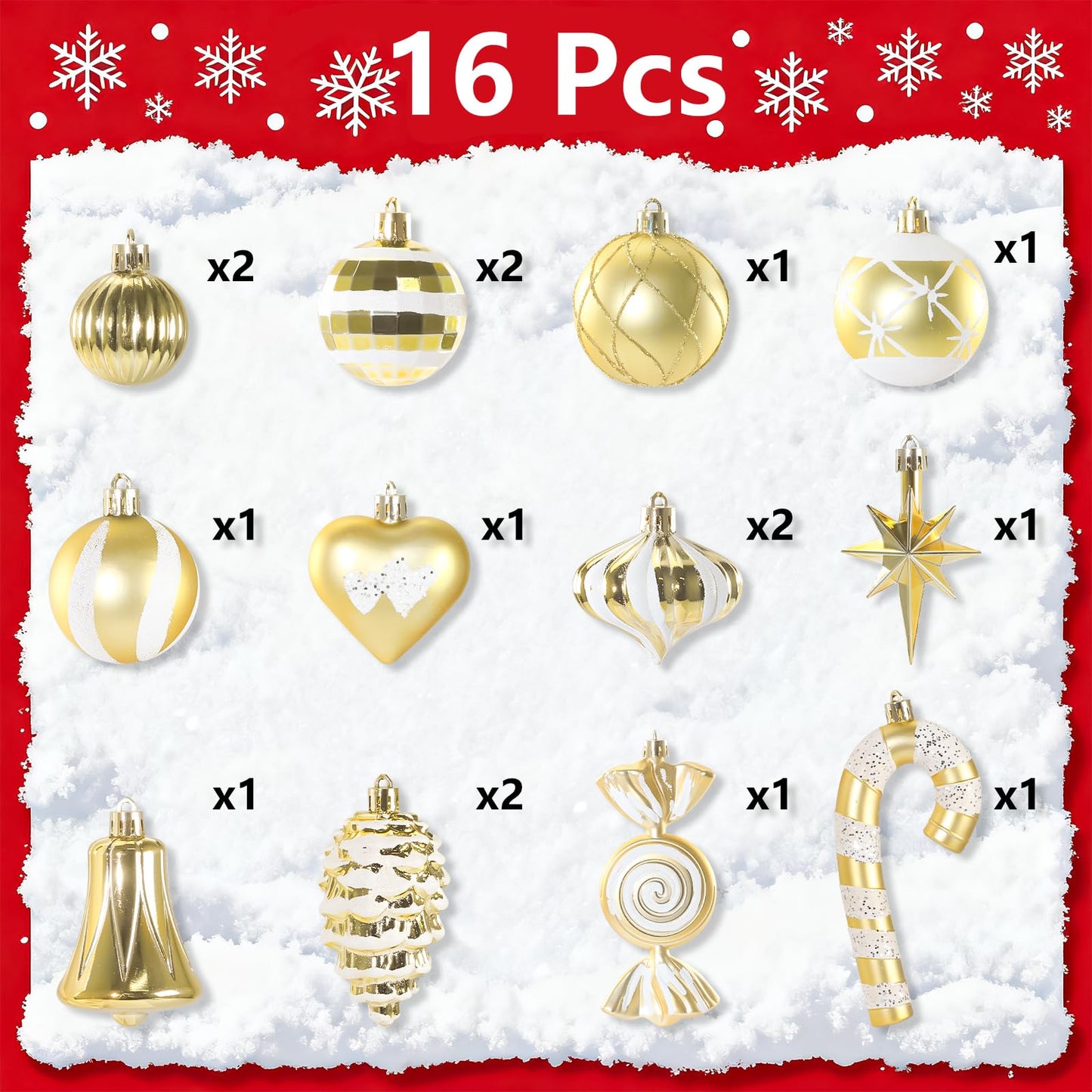 Christmas Ornaments, 16Pcs Gold and White Christmas Ornaments Set with Hanging Strings Ideal for Christmas Tree Decorations and Indoor Accents