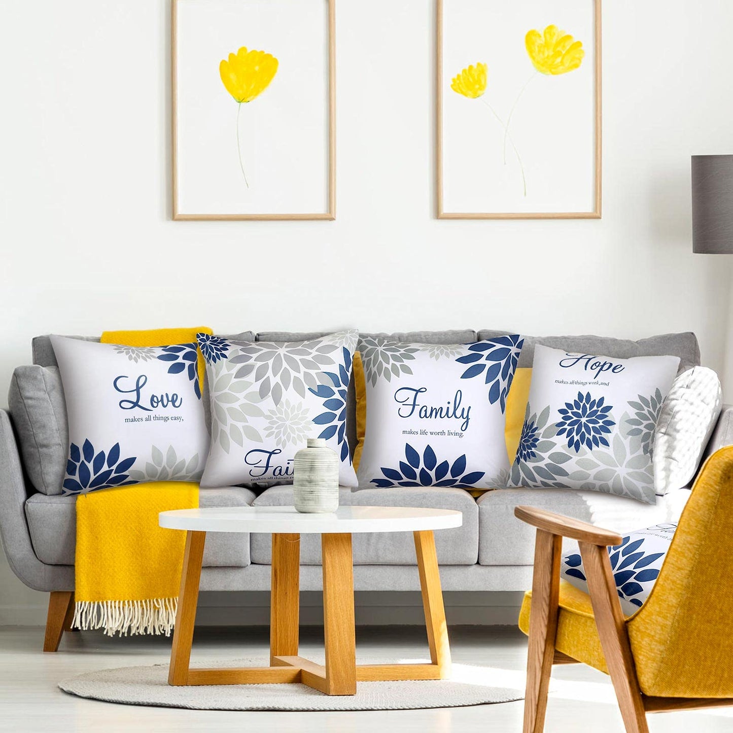 Tatuo 4 Pcs Flower Pillow Covers Square Spring Pillow Cushion Cases 18 x 18 Inch Family Faith Hope Love Words Decorative Summer Winter Cushion Case for Bed Couch Sofa Living Room(Gray Series)