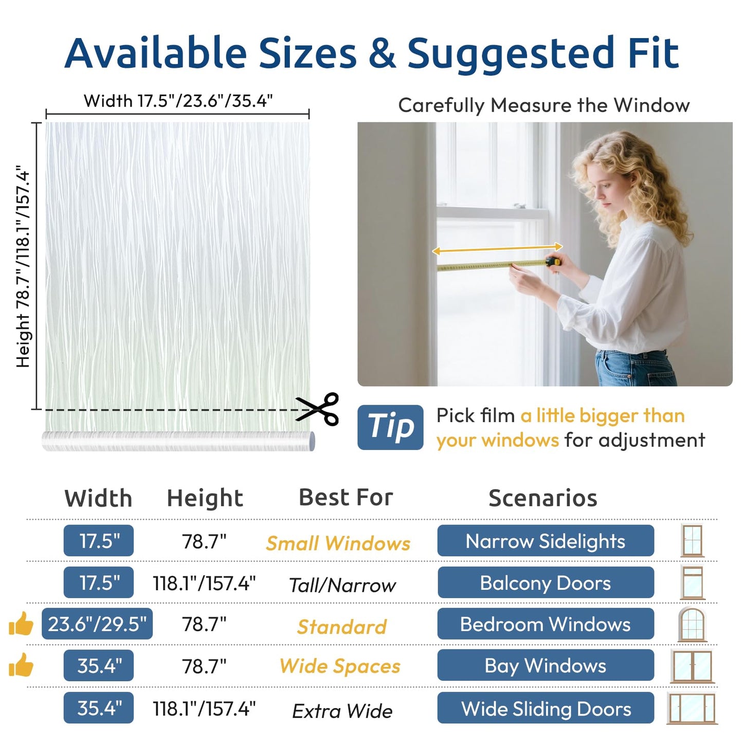 rabbitgoo Window Privacy Film Frosted Glass Film Removable Vinyl Door Coverings UV Blocking Decorative Static Cling Non-Adhesive Window Clings Sticker for Home Decor, 17.5 x 78.7 Inches