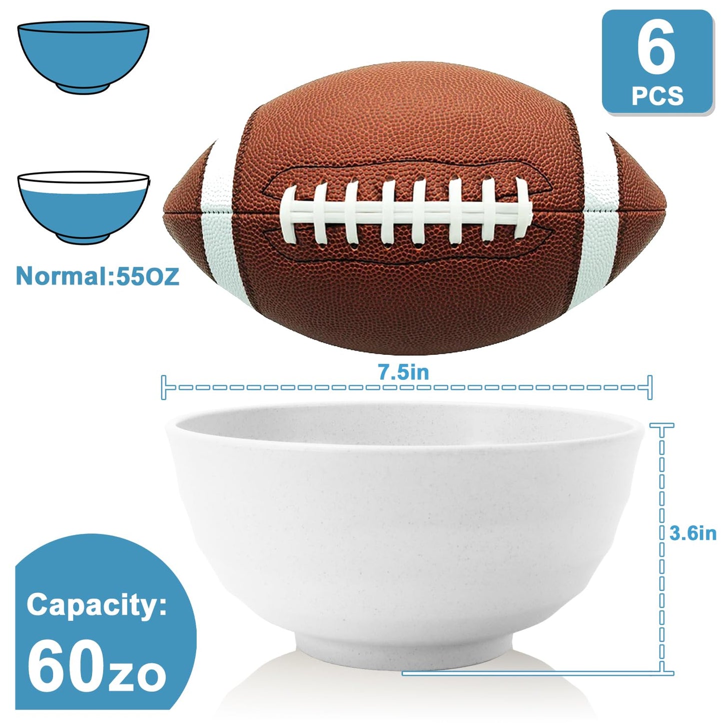BUSOKIP 60 OZ Wheat Straw Bowls, Large Popcorn Bowl Sets of 6, Unbreakable Large Serving Bowls for Kitchen, Microwave and Dishwasher Safe Big bowl for Eating, Soup, Ramen, Cereal- White